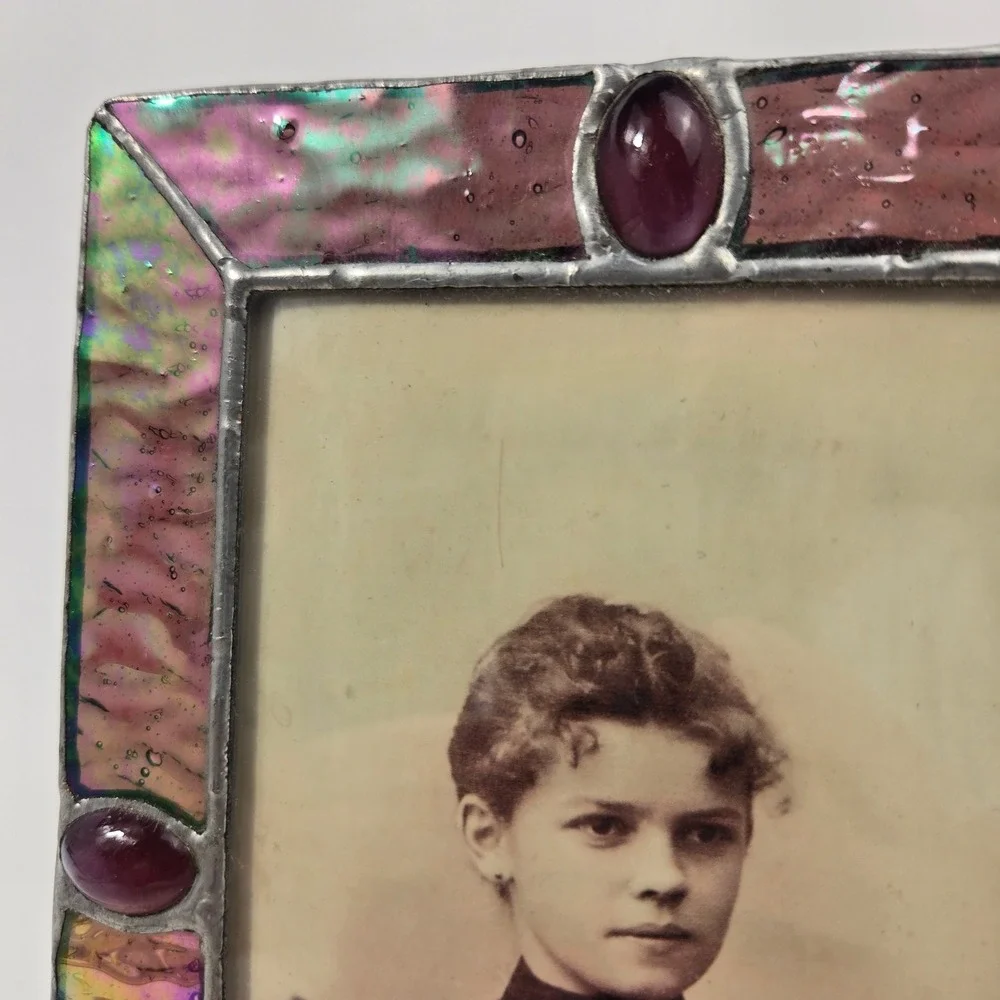 Vintage Iridescent Stained Glass Picture Frame with Burgundy Cabochons 5x7